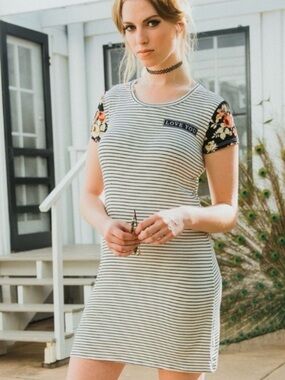 Striped Tee Dress with Floral Sleeve Accents Barbara Dunkleman